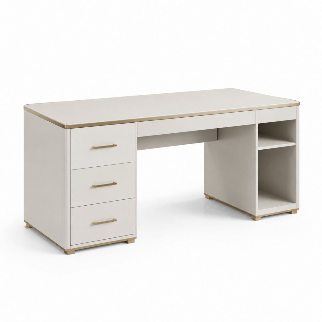 Scrivania tradizionale bianca in MDF rettangolare con 3 cassetti e vani a giorno 140 x 60 x 75 cm