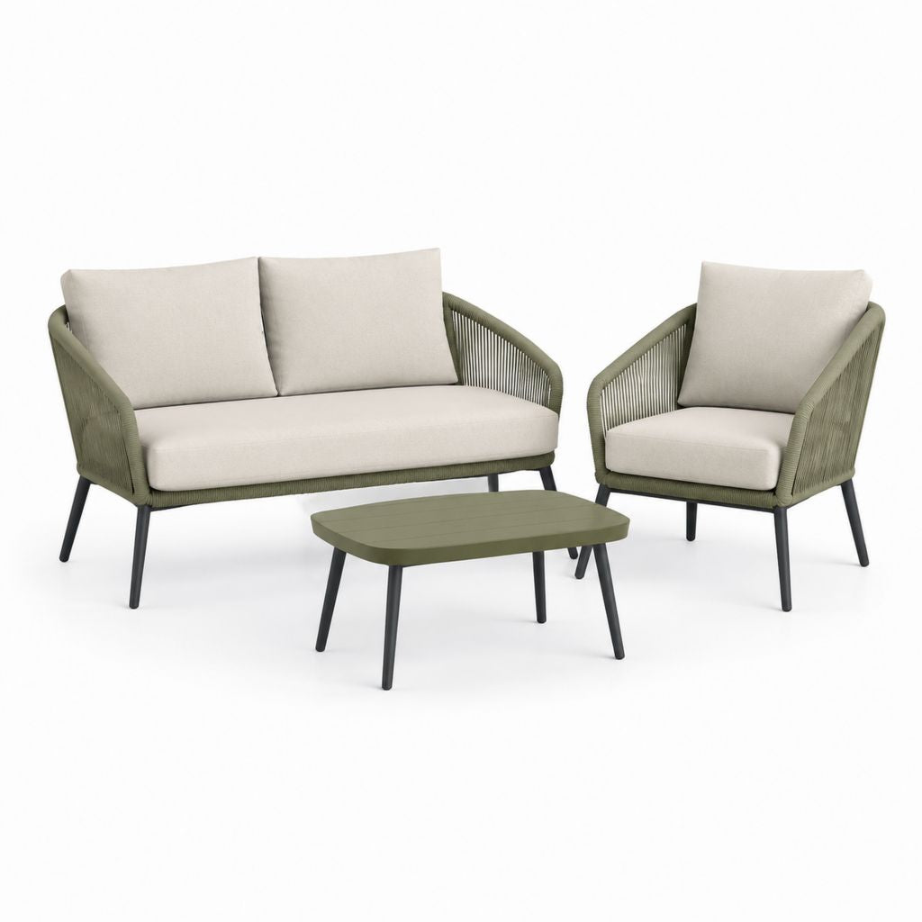 Salotto da giardino 4 pezzi verde e beige con divano 2 posti poltrona tavolino in alluminio e corda PP 124 x 70 x 78 cm