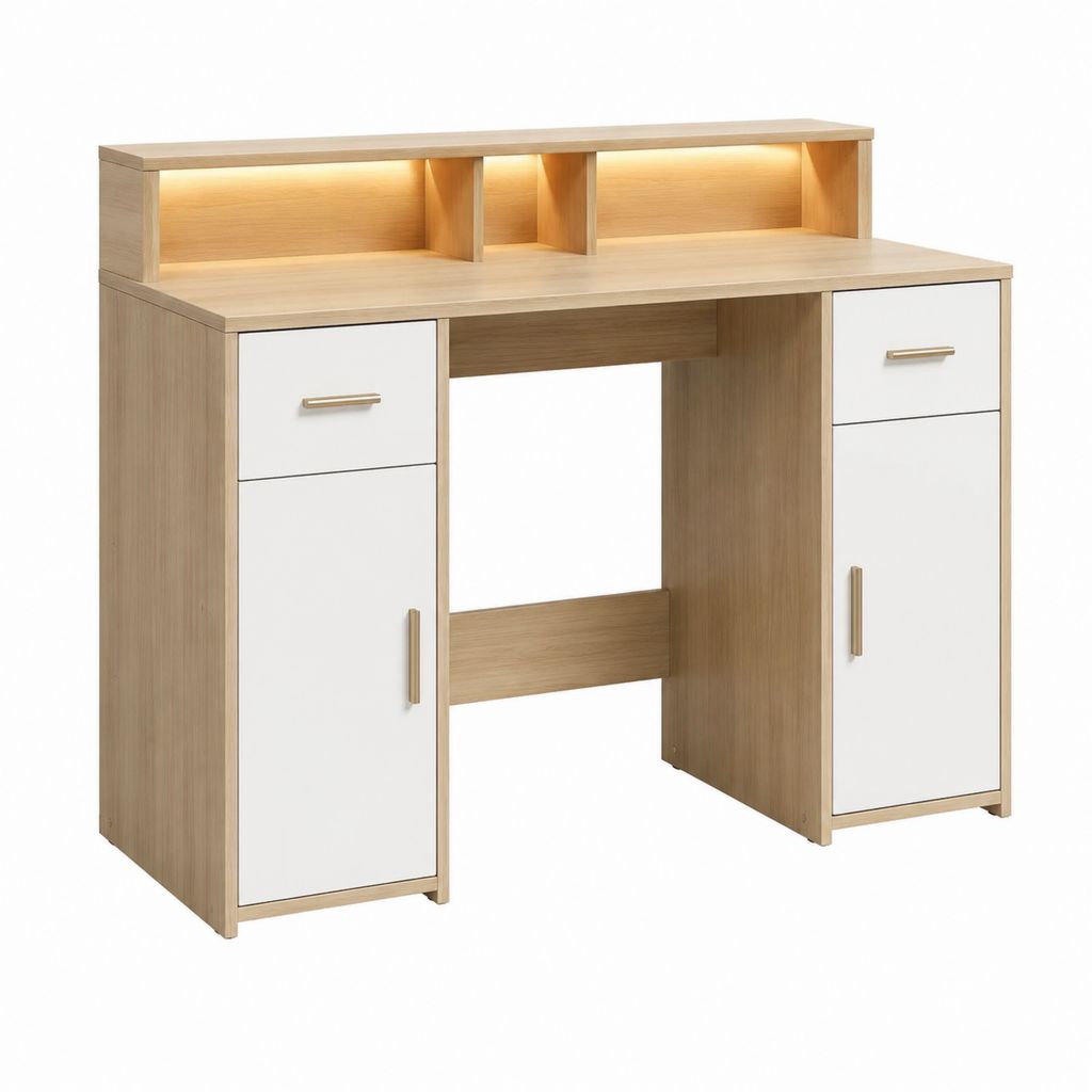 Scrivania con ripiano illuminato rovere chiaro e bianco in pannello truciolare 120 x 60 x 120 cm