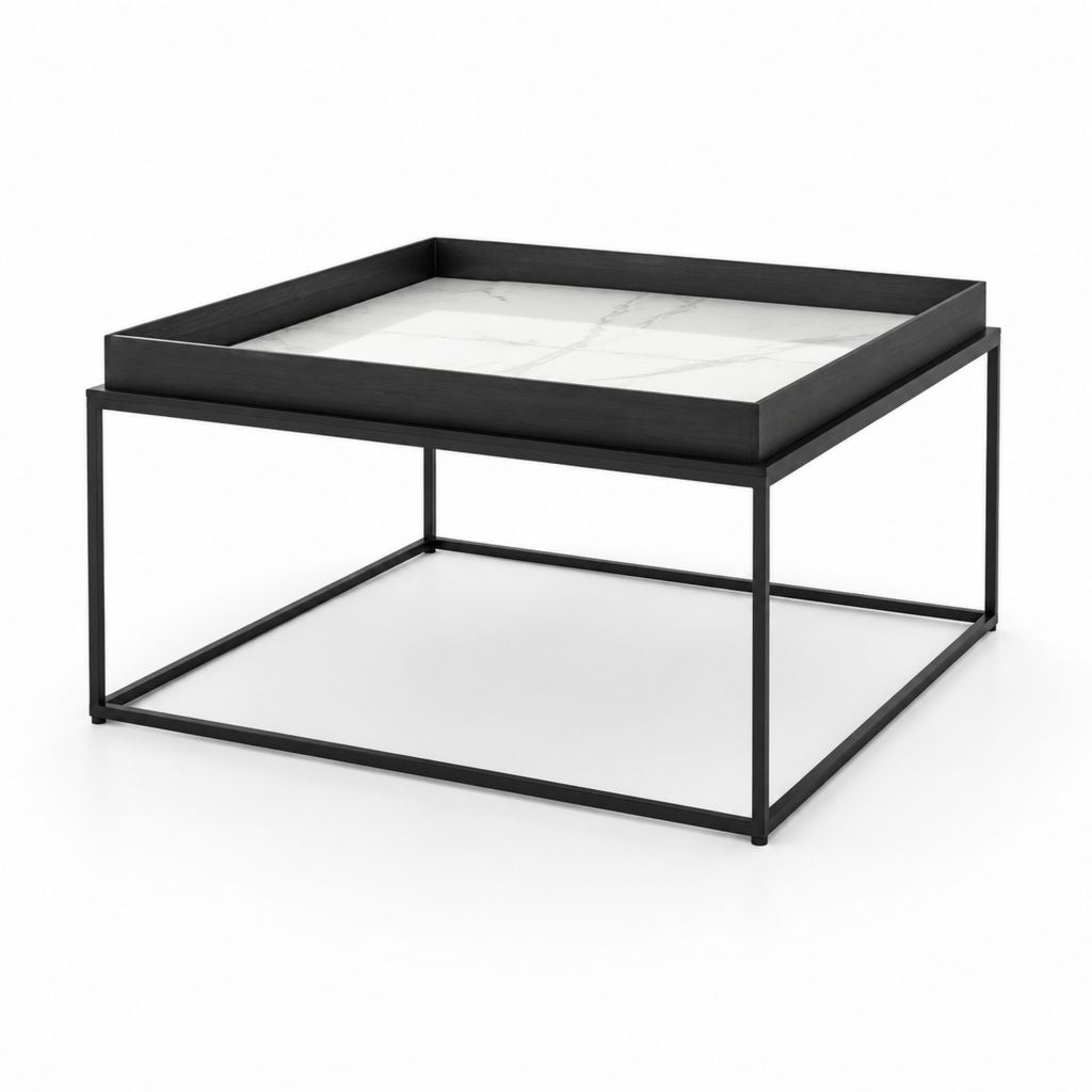 Tavolino da caffè quadrato nero e bianco in acciaio e ceramica effetto marmo 80 x 80 x 45 cm
