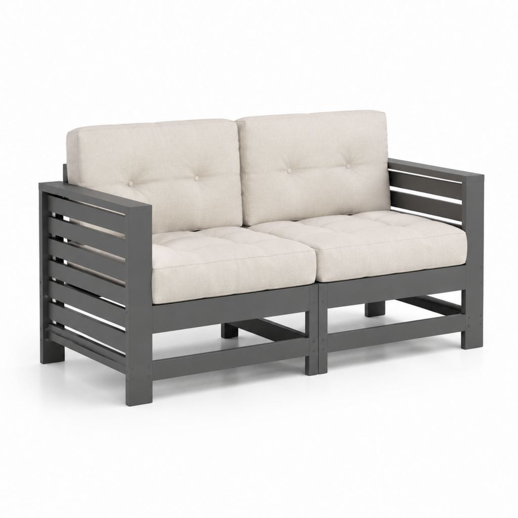 Divano da giardino 2 posti grigio in legno massello di pino con cuscini rettangolare 127.5 x 63.5 x 62.5 cm