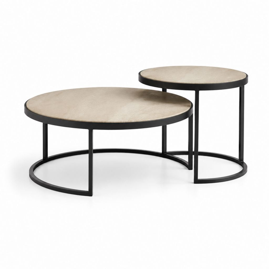 Set di 2 tavolini da caffè rotondi beige e nero in MDF e acciaio 80 x 45 cm e 50 x 55 cm