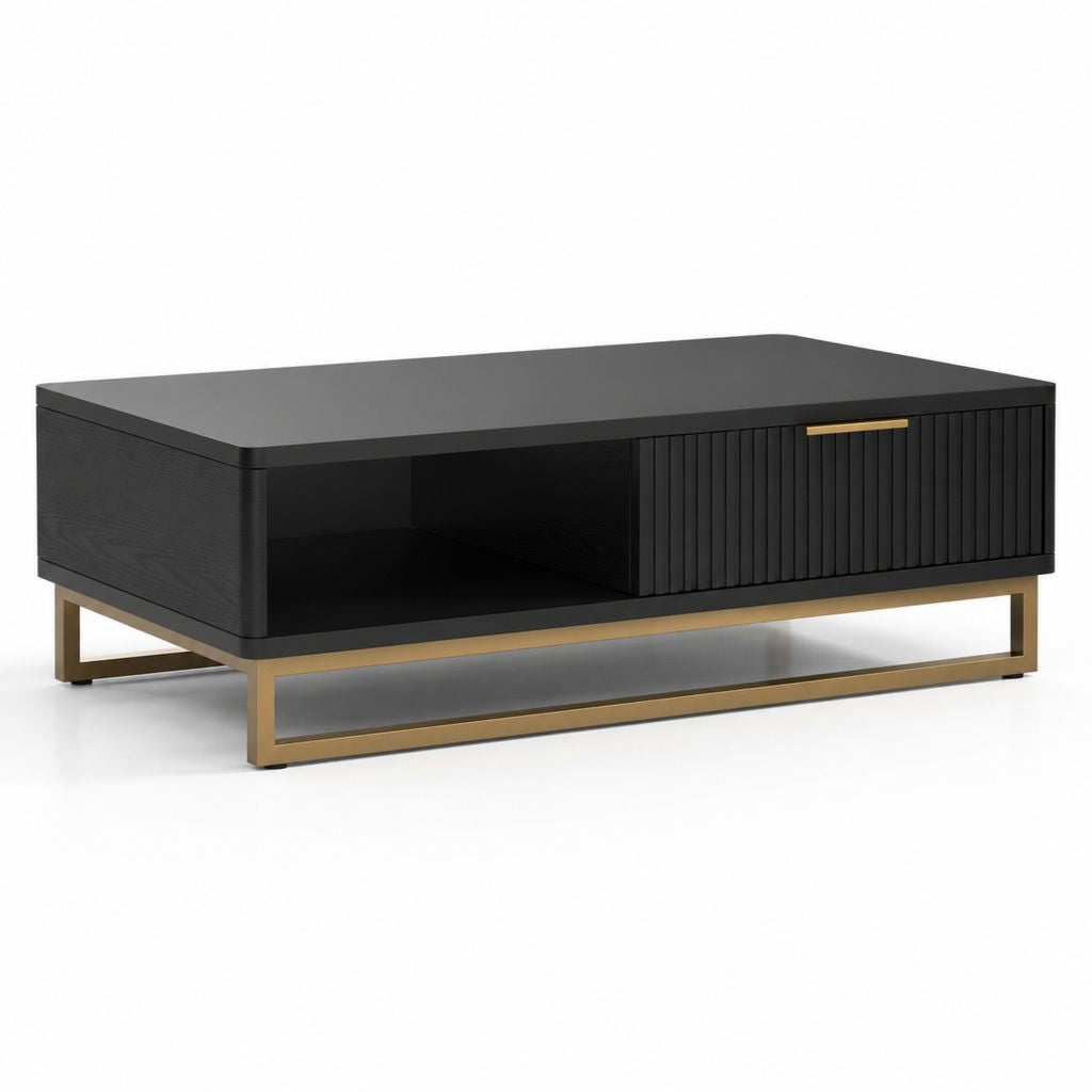 Tavolino da caffè rettangolare nero in MDF e acciaio 120 x 60 x 45 cm con vano aperto e anta scorrevole