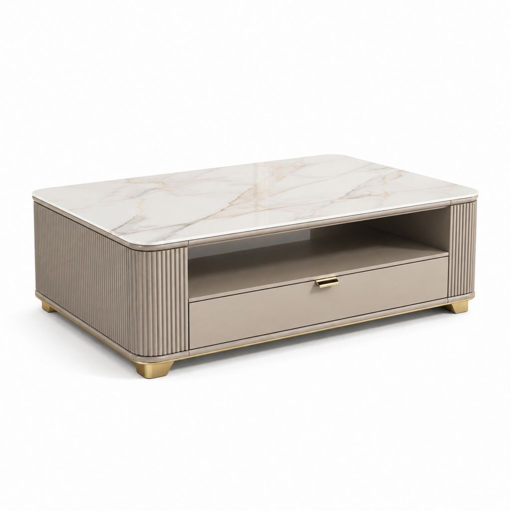 Tavolino da caffè rettangolare beige in MDF e vetro temperato effetto marmo 120 x 60 x 45 cm