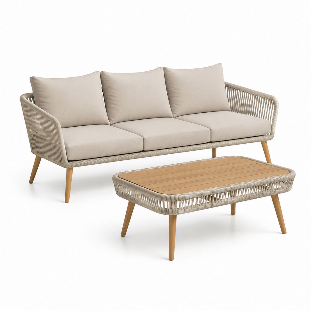Set divano da giardino 3 posti con tavolino rettangolare beige in corda PP e legno massello 205 x 80 x 78 cm