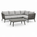 Set divano da giardino angolare 4 posti con tavolino grigio in alluminio e corda sintetica 250 x 190 x 75 cm