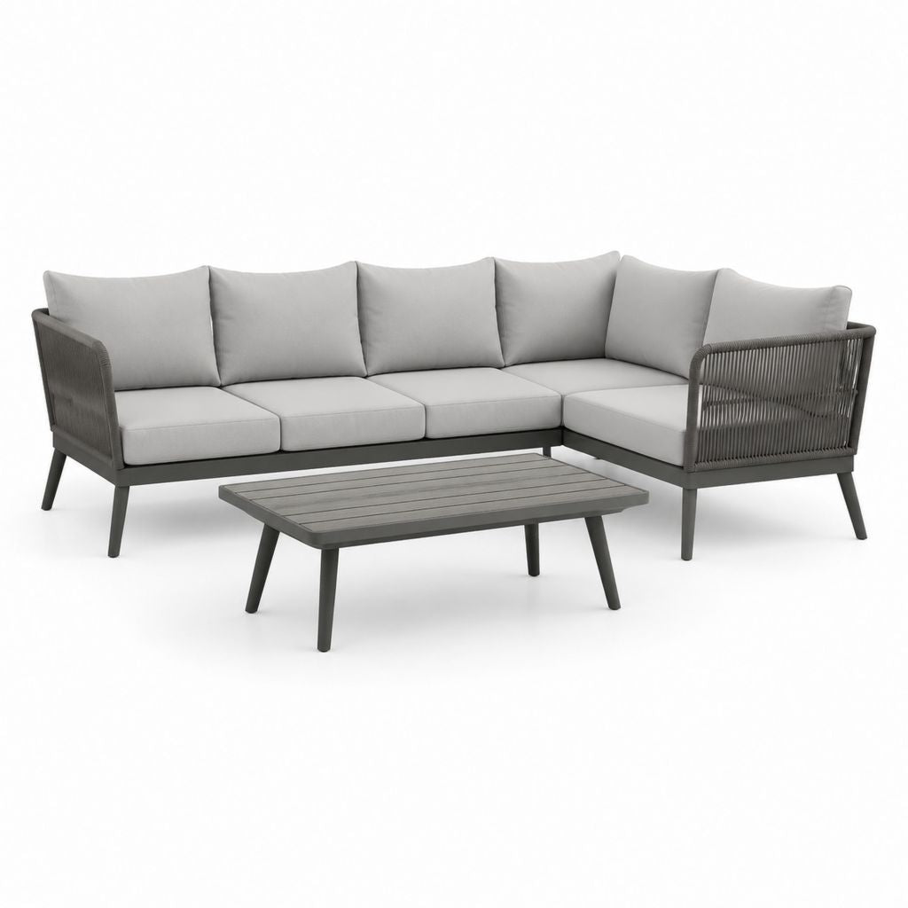 Set divano da giardino angolare 4 posti con tavolino grigio in alluminio e corda sintetica 250 x 190 x 75 cm
