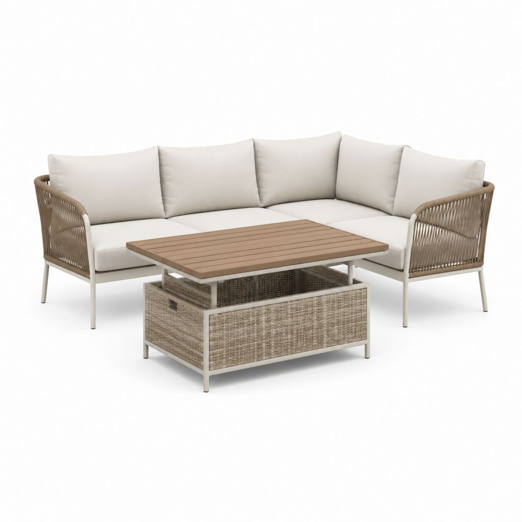 Set divano angolare da giardino con tavolino beige e tortora in alluminio e corda PE 220 x 220 x 75 cm