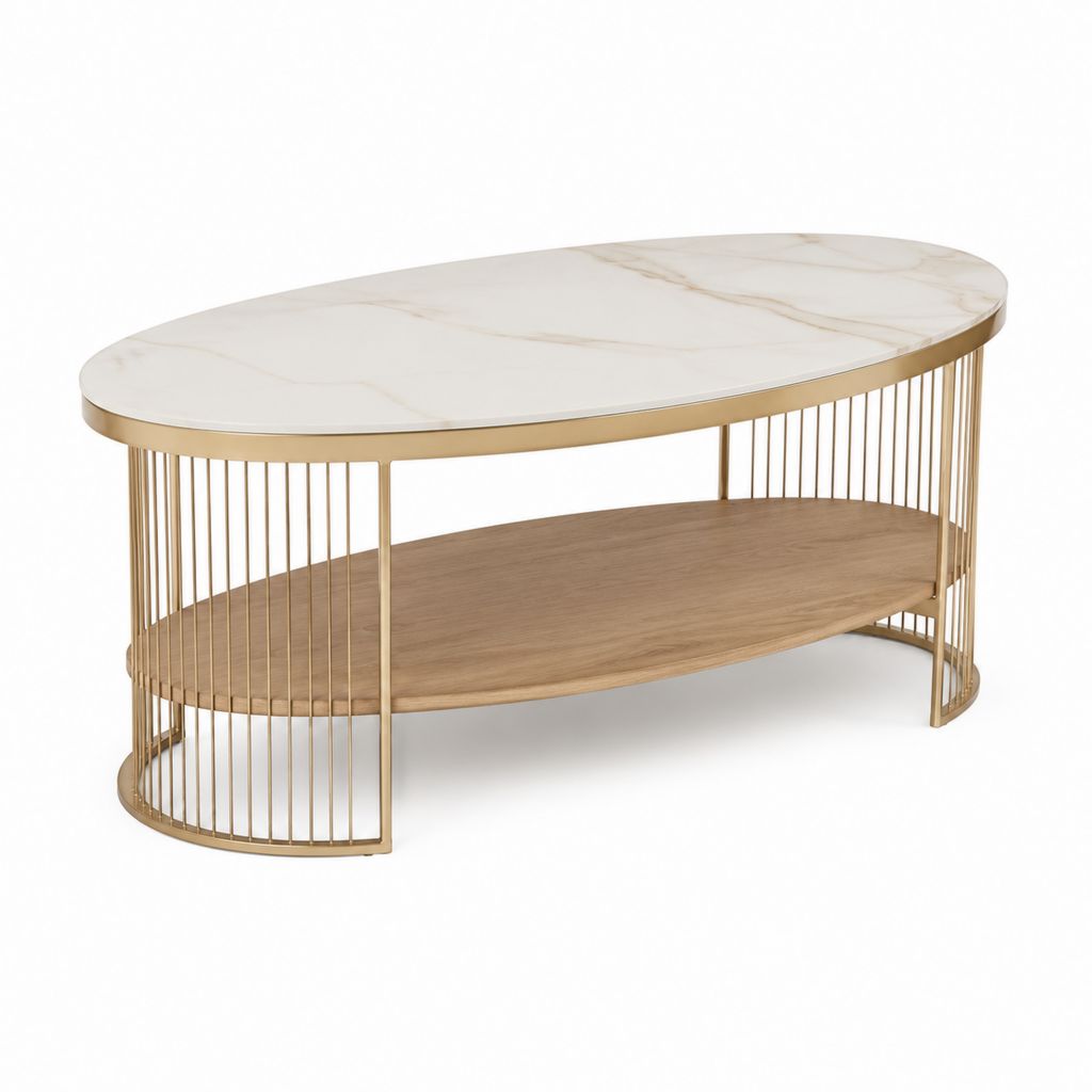 Tavolino da caffè ovale bianco e oro con piano in ceramica e ripiano in MDF 120 x 60 x 45 cm