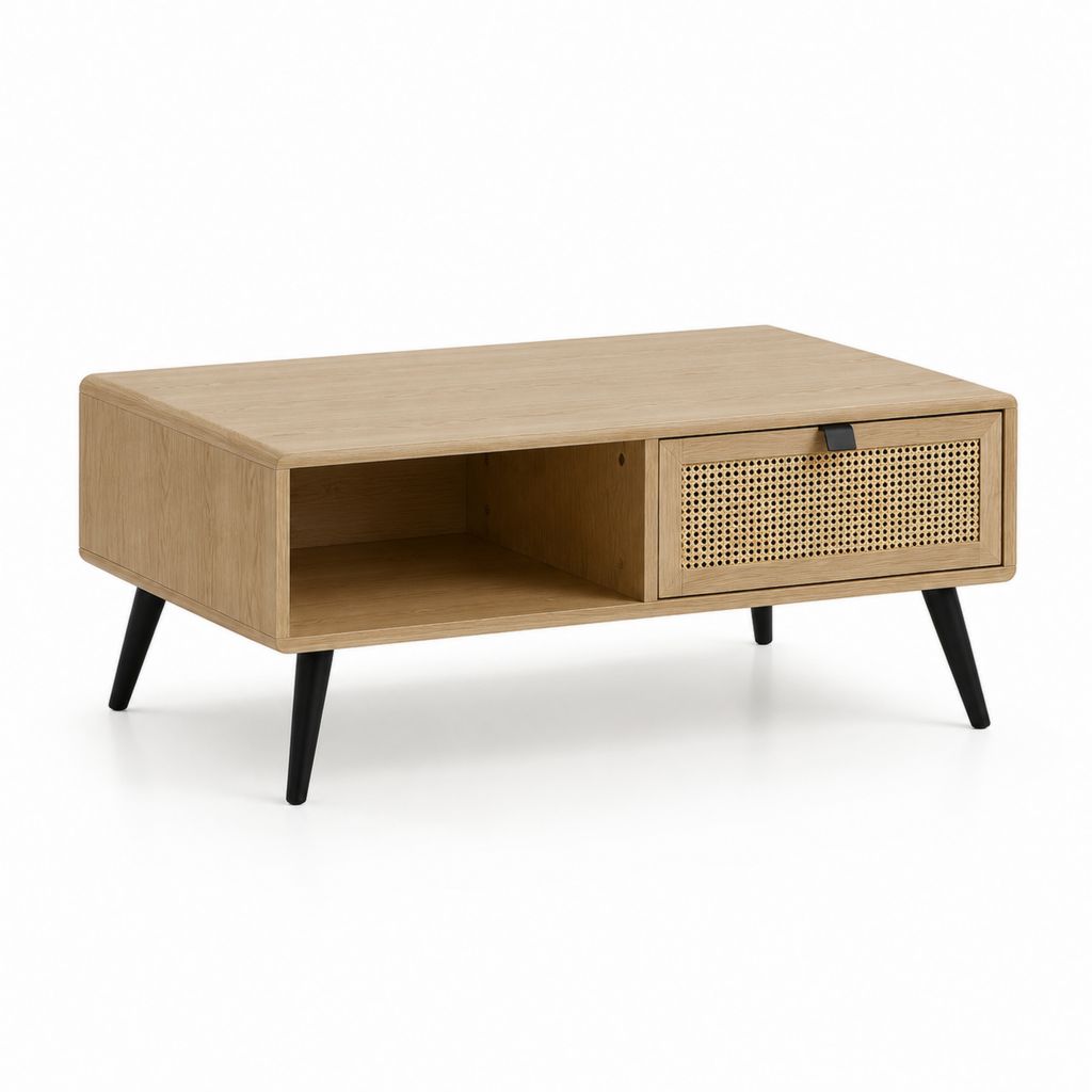 Tavolino da caffè rettangolare rovere e rattan con vano a giorno e anta 100 x 60 x 40 cm