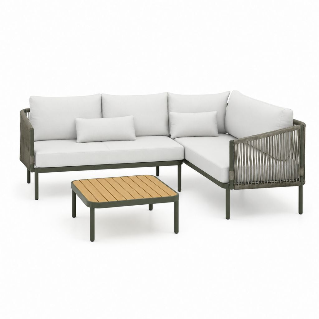 Set divano angolare da giardino 3 pezzi grigio in alluminio e corda PE con tavolino 220 x 150 x 72 cm