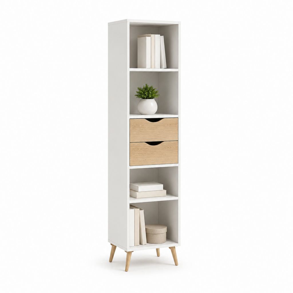 Libreria a colonna bianca con 2 cassetti rovere in pannello truciolare 50 x 35 x 180 cm