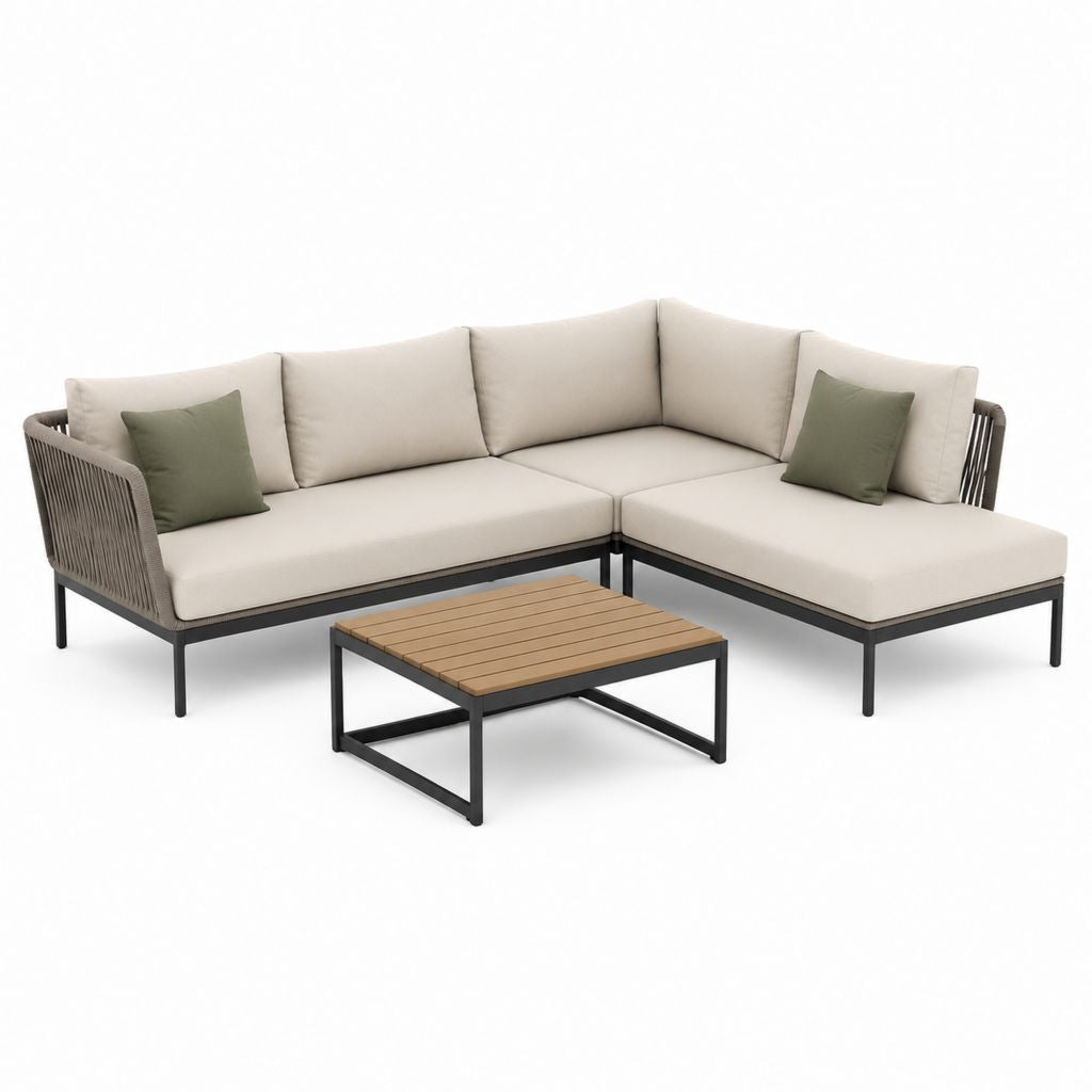 Set divano da giardino angolare 4 pezzi beige e verde con telaio in alluminio e corda PE 220 x 150 cm