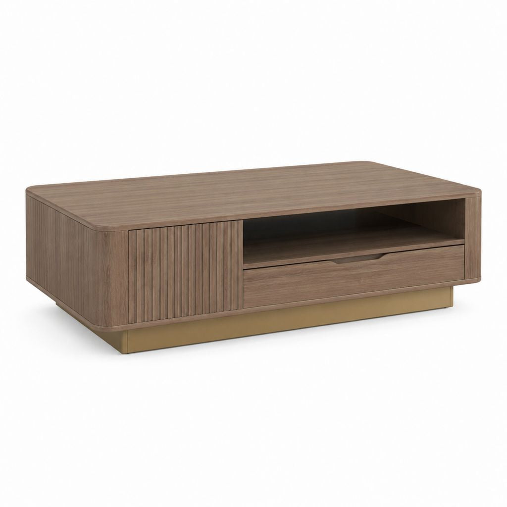 Tavolino da caffè rettangolare noce in MDF impiallacciato con cassetto e vano 120 x 60 x 40 cm