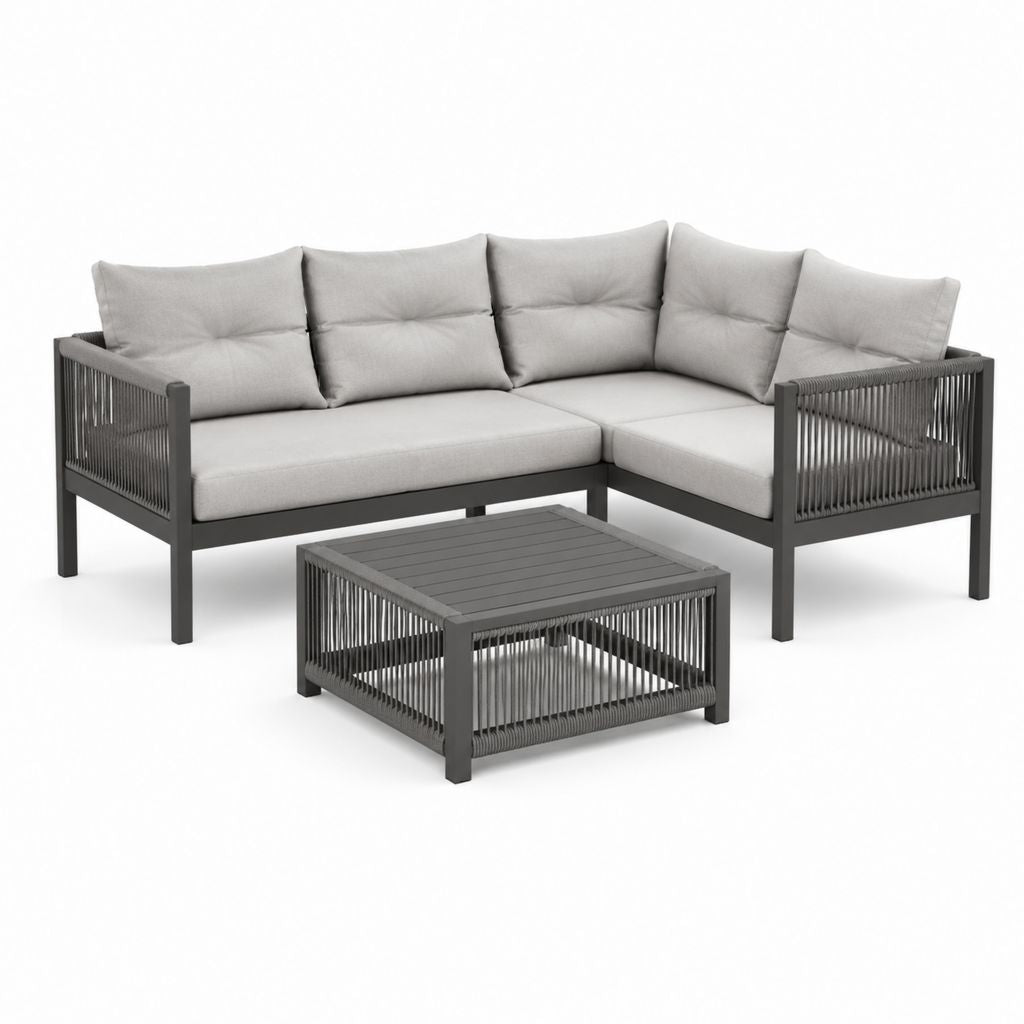 Set divano angolare da giardino con tavolino grigio in alluminio e corda PP 200 x 200 x 78 cm
