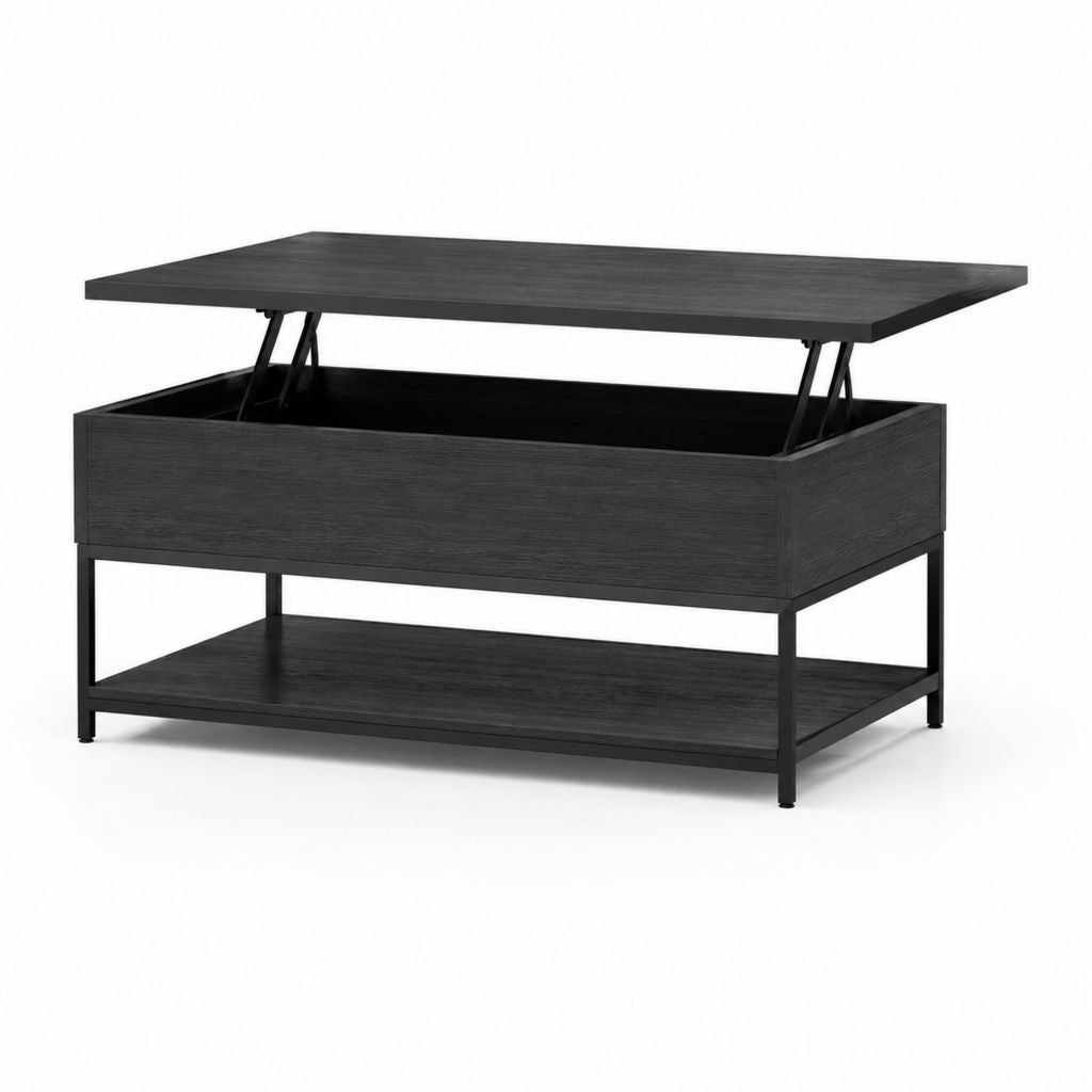 Tavolino da caffè con piano sollevabile nero in truciolare e acciaio 100 x 50 x 45 cm