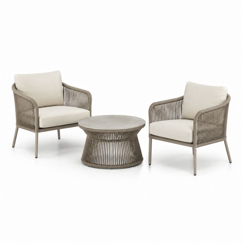 Set da giardino 2 poltrone e tavolino rotondo beige in alluminio e corda PP 70 x 75 x 76 cm
