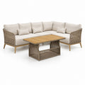 Set divano da giardino angolare beige in alluminio e corda PP con tavolino rettangolare in acacia 230 x 170 cm