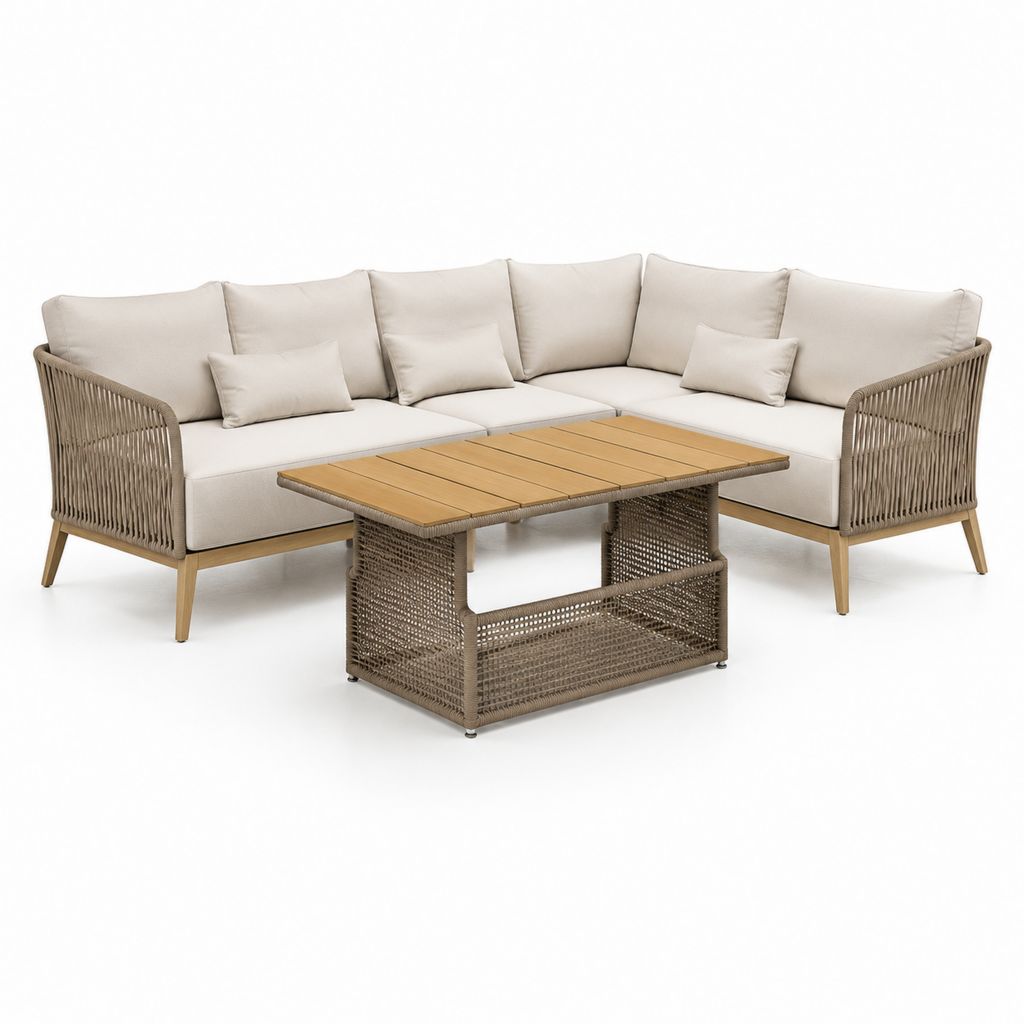 Set divano da giardino angolare beige in alluminio e corda PP con tavolino rettangolare in acacia 230 x 170 cm