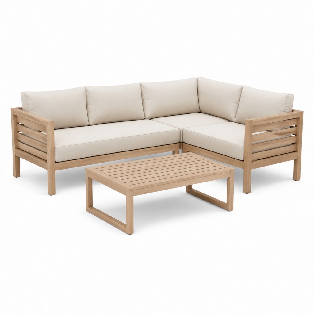 Set divano angolare da giardino 2 pezzi in legno massello beige con tavolino 200 x 200 x 78 cm