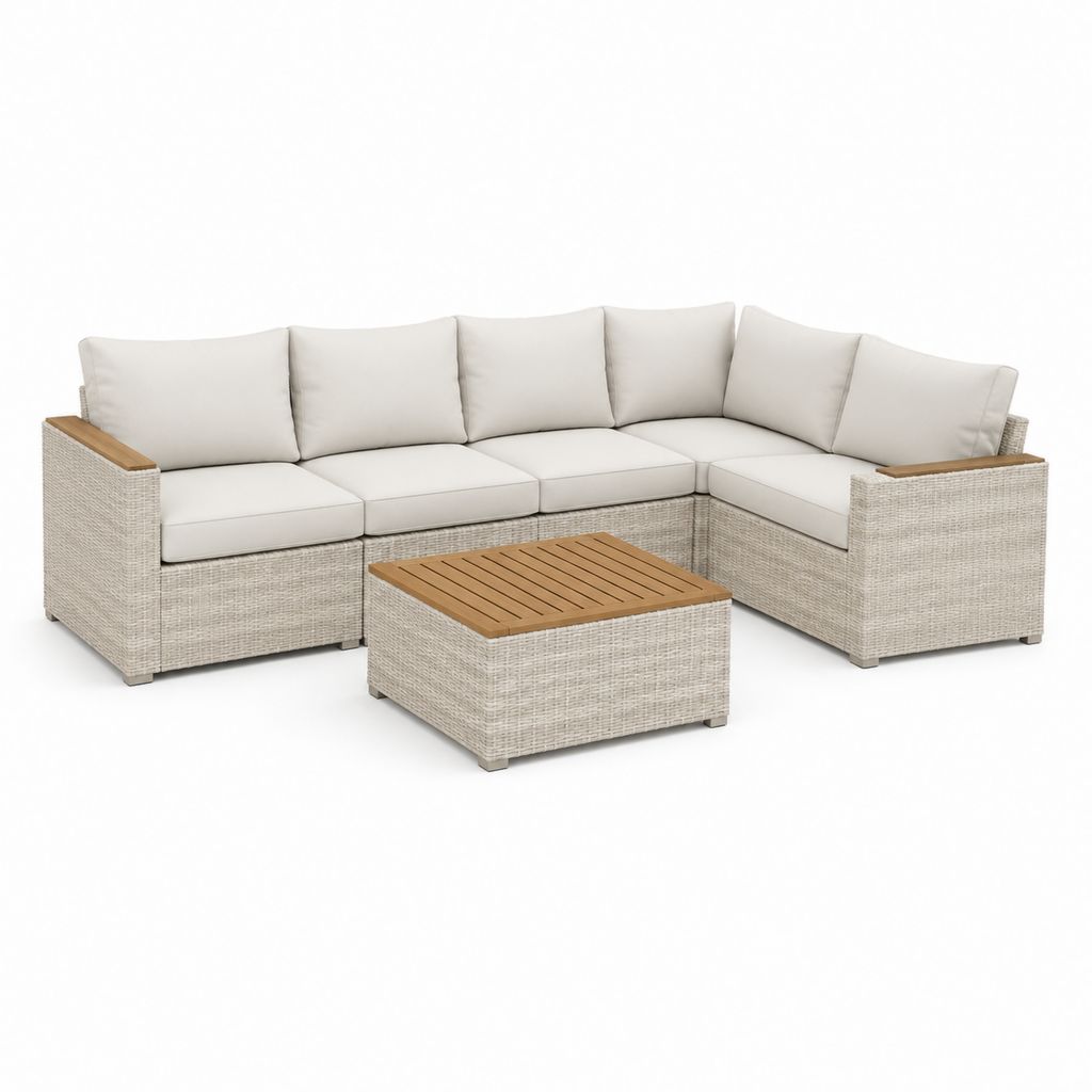 Set divano angolare da giardino 5 posti beige in rattan sintetico PE con tavolino 280 x 220 x 70 cm e 100 x 60 x 40 cm