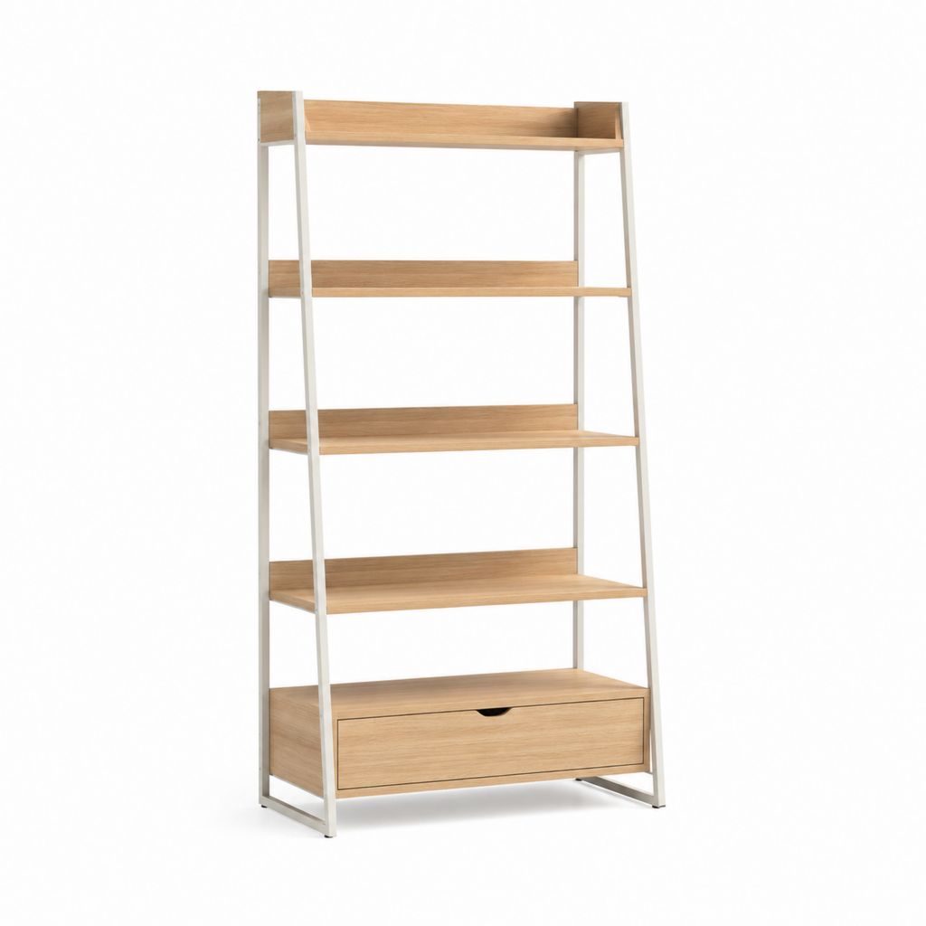 Libreria a scala 4 ripiani con cassetto rovere e acciaio bianco 80 x 40 x 180 cm